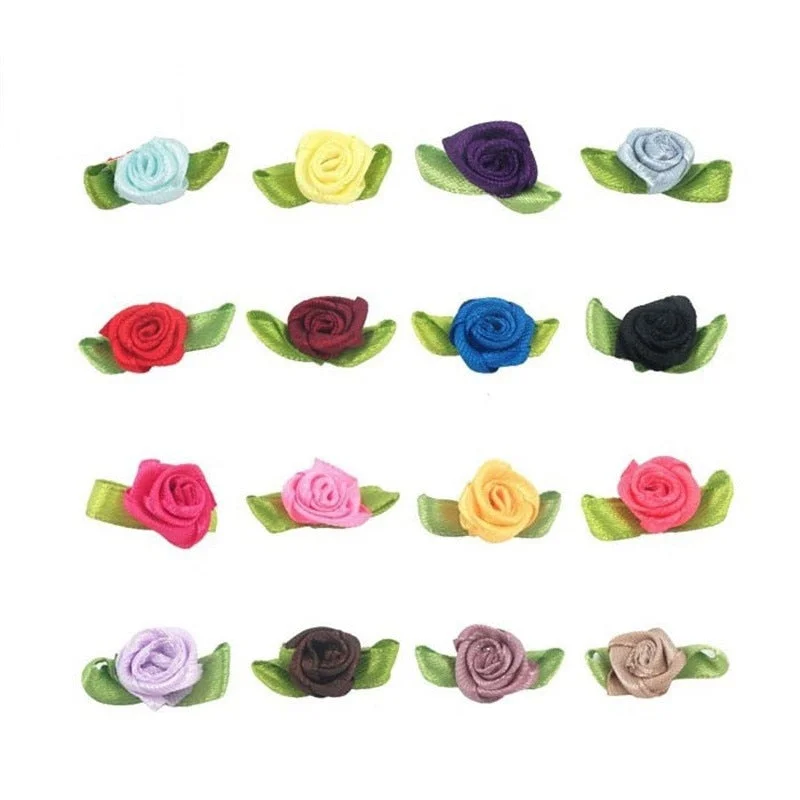 300pcs Mini Satin Ribbon Flower Silk Rose head Ribbon DIY Wedding Bow Appliques Craft Sewing Clothing Accessories  Decoration