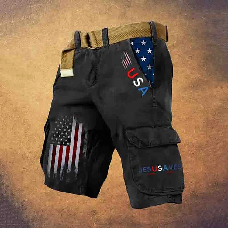 Men's Vintage Independence Day  Usa Jesus Saves  print Cargo Shorts