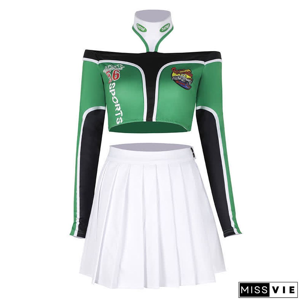 Letter Print Crop Top Shorts Mini Skirt Pants Colorblock Three Pieces Set