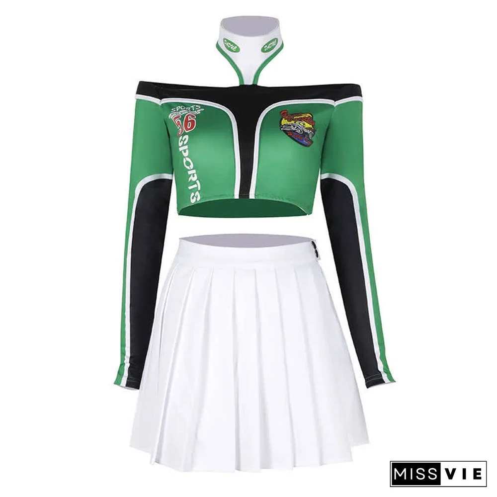 Letter Print Crop Top Shorts Mini Skirt Pants Colorblock Three Pieces Set