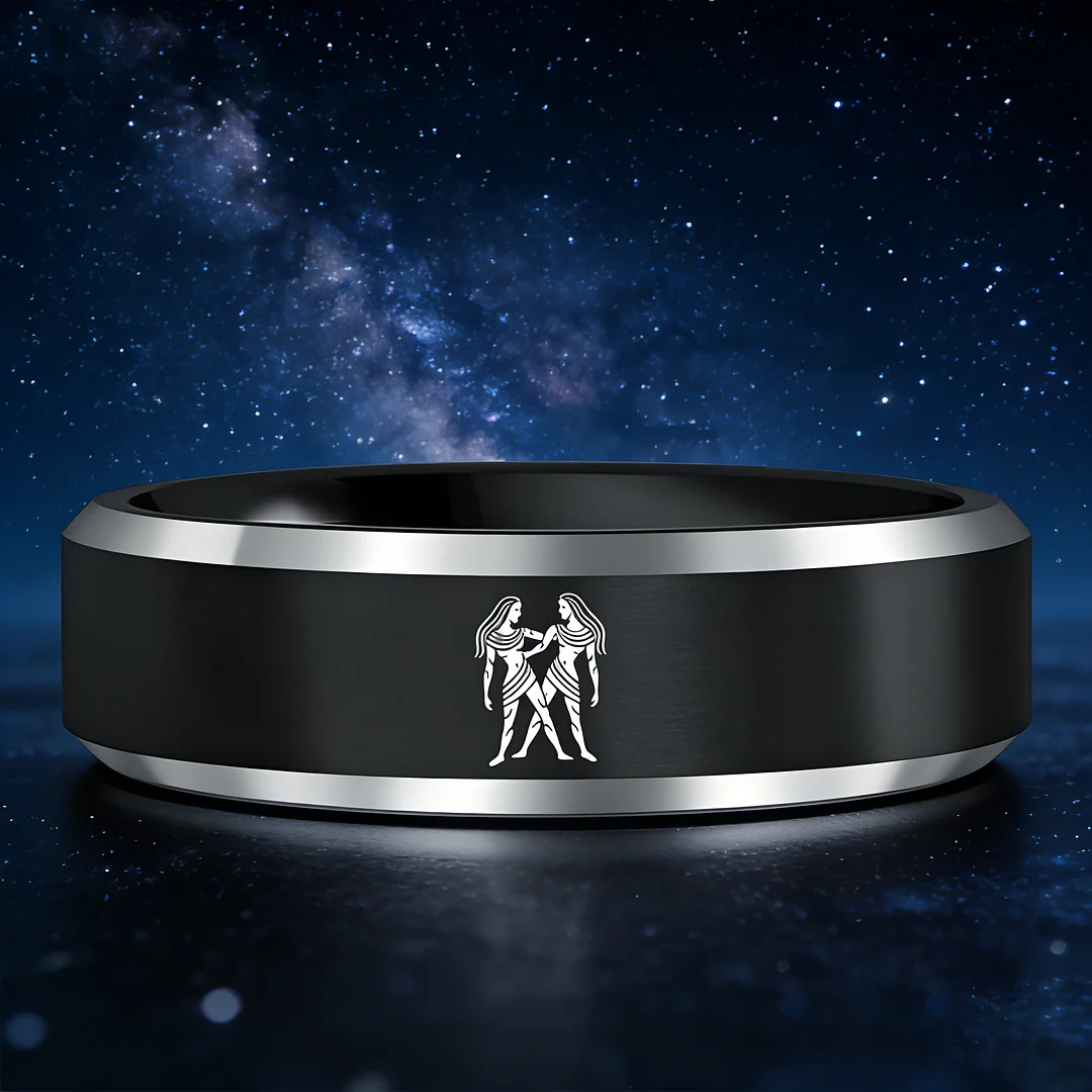 Black Gemini Tungsten Carbide Rings Beveled Edges Black Laser Etched Couple Wedding Bands 4MM 6MM 8MM Width