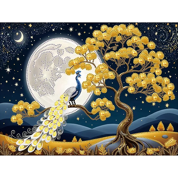 White Peacock With Double Moon Golden Feathers 40*30cm (Canvas) Special Shaped Drill Diamond Painting gbfke