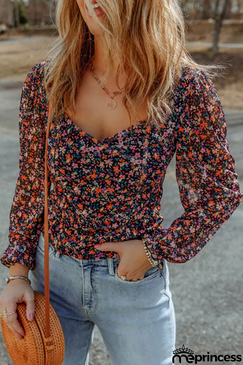 Black V Neck Bubble Sleeve Floral Blouse