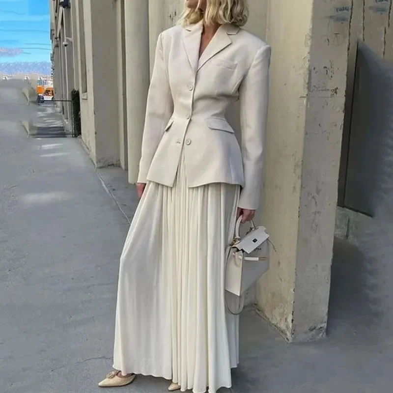 Toloer Toloer 2023 New Waist Design Suit Small Lapel Slim Pleated Skirt Suit Female-Outfit Ideas