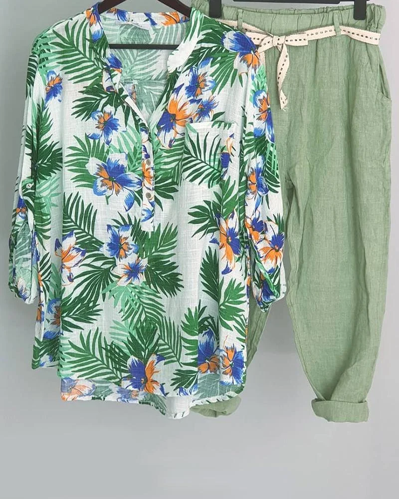 Women's Floral Print Cotton And Linen Casual Two-piece Shirt Set