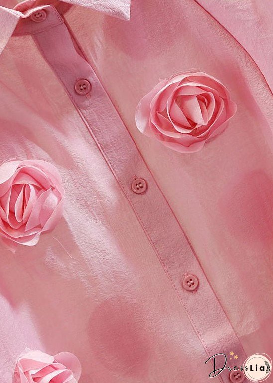 Pink Patchwork Tulle Blouses Peter Pan Collar Floral Decorated Summer