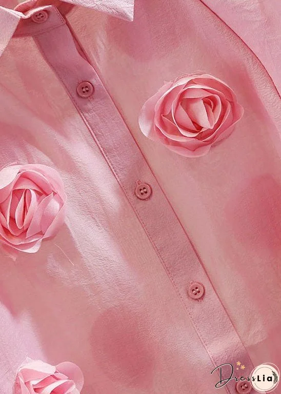 Pink Patchwork Tulle Blouses Peter Pan Collar Floral Decorated Summer