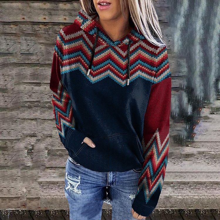 Vefave Vintage Contrast Wave Sweater Print Hoodie