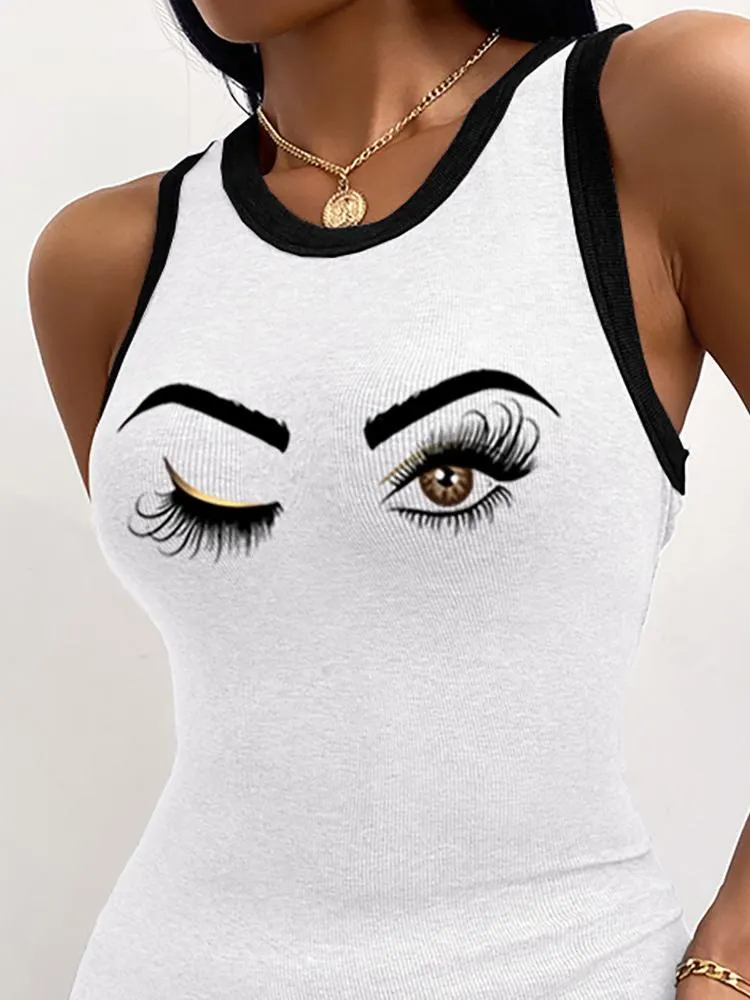 Eye-catching Eye Print Round Neck Ribbed Tank Dress