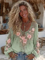 Vintage Pink Roses Flower Embroidered Linen Blend T-shirt - Image 4