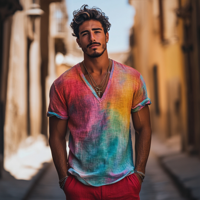 Comstylish Pride Month Lgbt Rainbow Comfort Contrast Color Art Print Linen V Neck T-shirt