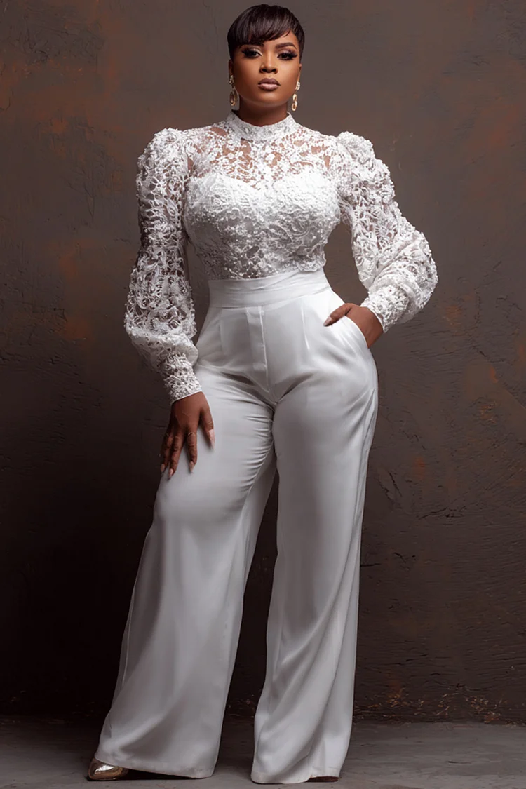 Xpluswear Design Plus Size Cocktail Party White Long Sleeve See Through Elegant Pocket Lace Jumpsuits [Pre-Order]