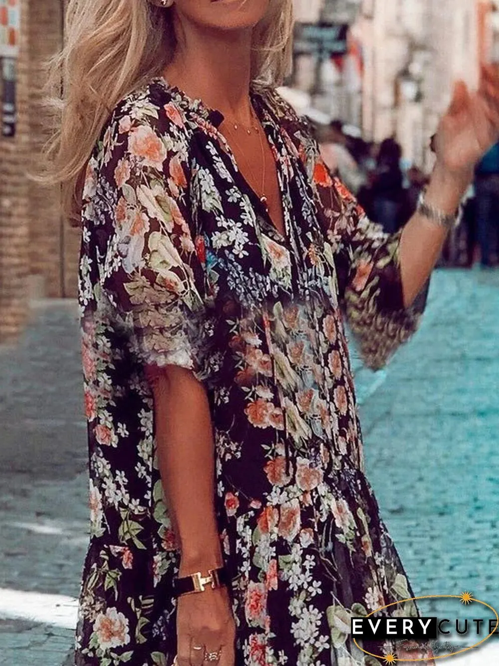 Women'S Dresses Loose V-Neck Lace-Up Print Dress