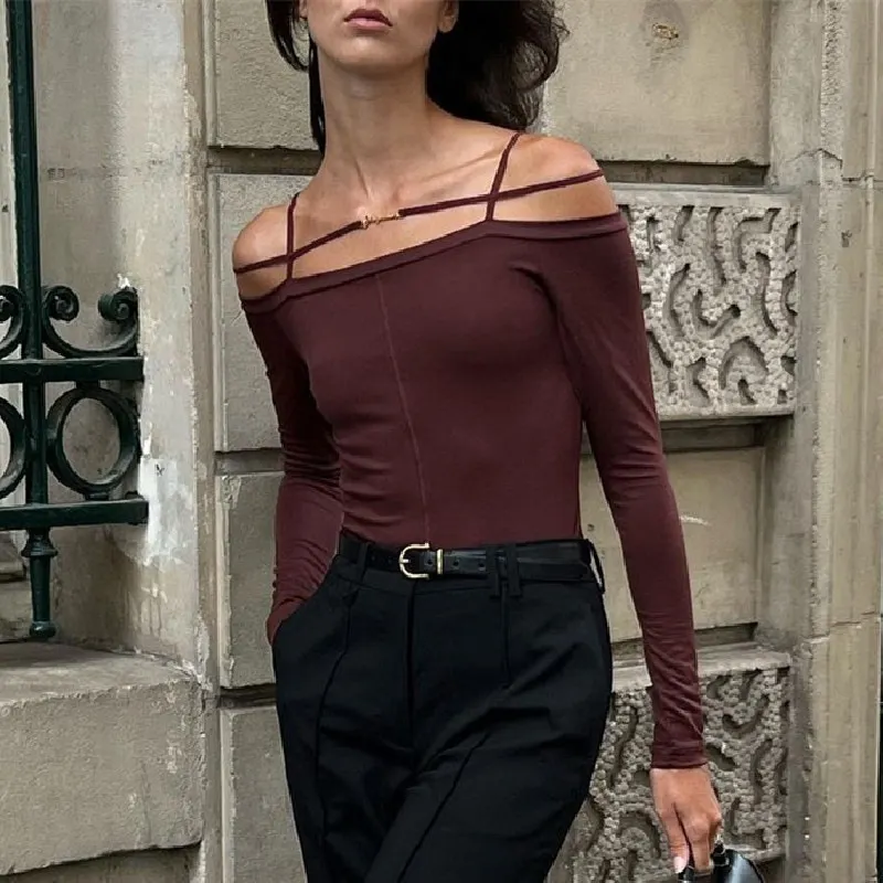 Uveng Uveng 2024 New Women's Long Sleeve One-Line Shoulder Sexy Top Casual Thin Undershirt