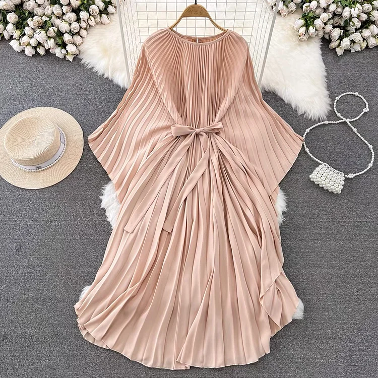 Italian Pink Batwing Sleeve Lace-up Pleated Dress