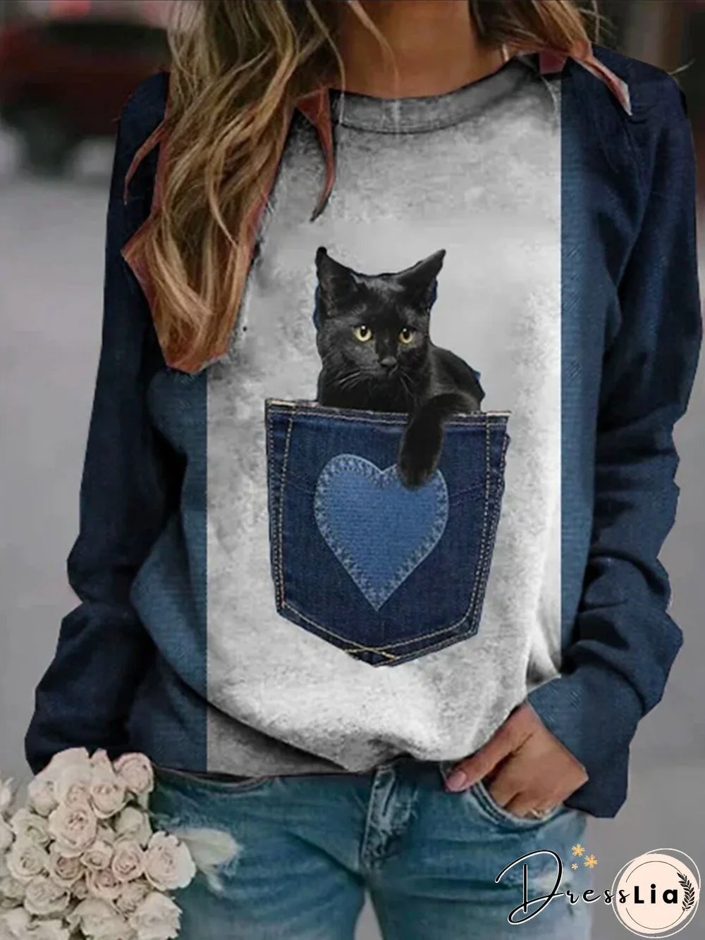 Casual Cat Long Sleeve Crew Neck Printed Tops Sweatshirts