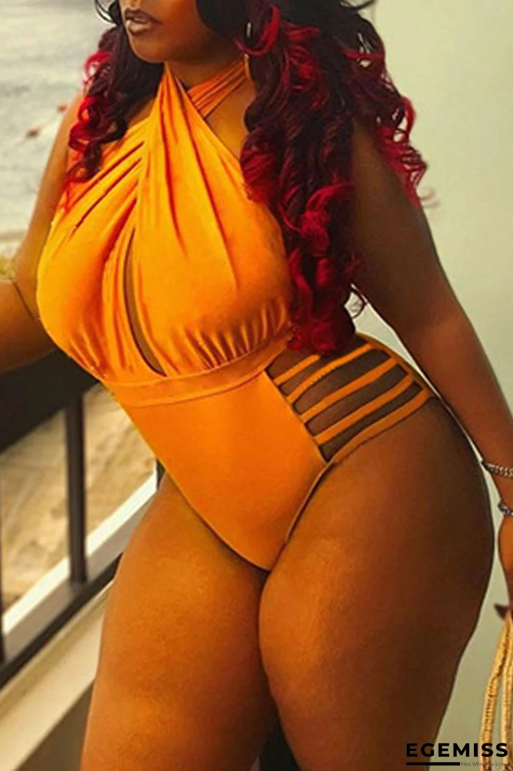 Yellow Sexy Solid Hollowed Out Patchwork Halter Plus Size Swimwear | EGEMISS