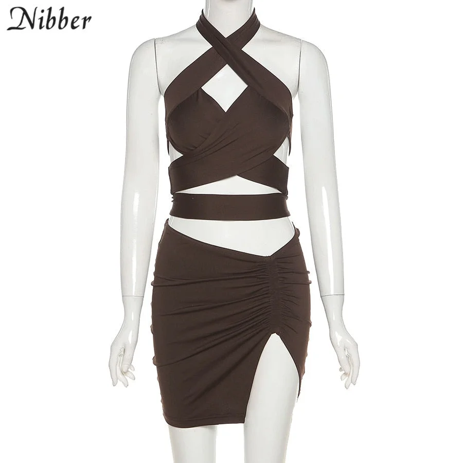 Nibber Bandage Sling Top With Mini Slits Bag Hip Skirt Suit 2021 Summer Sexy Girl Party Tourist Female Self-cultivation Suit
