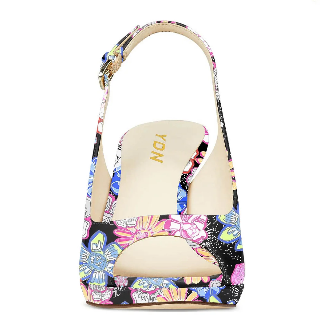 Colorful Floral Printed Peep Toe Patent Leather Platform Party Heels