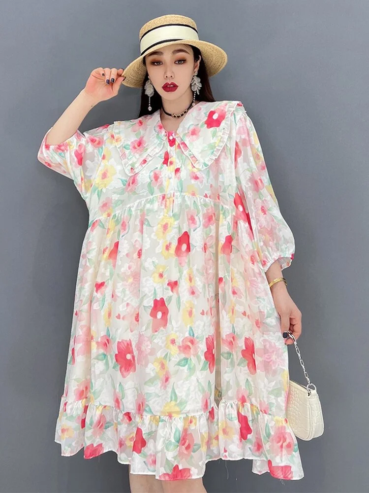 Floral Loose Sailor Collar Three-quarter Lantern Sleeve Dress 