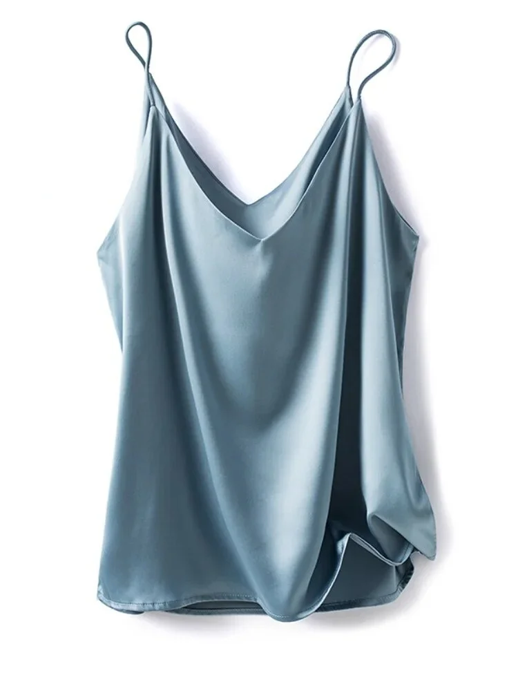 Tanguoant Summer Real Silk Satin Face V-neck Tanks Camis 2023 New Korean Version Suit Inside Vest Pure Color Versatile Camisole
