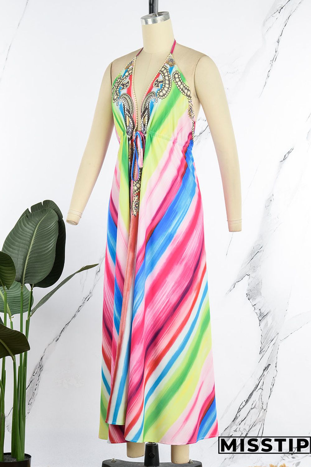 Colour Sexy Vacation Print Patchwork Backless Halter A Line Dresses