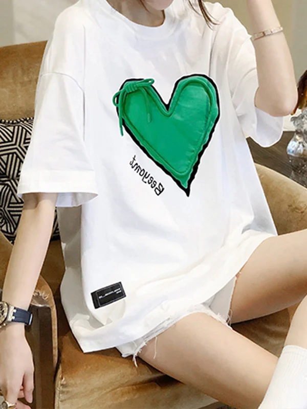 Urban Round-Neck Green Heart Stamped T-Shirt Top