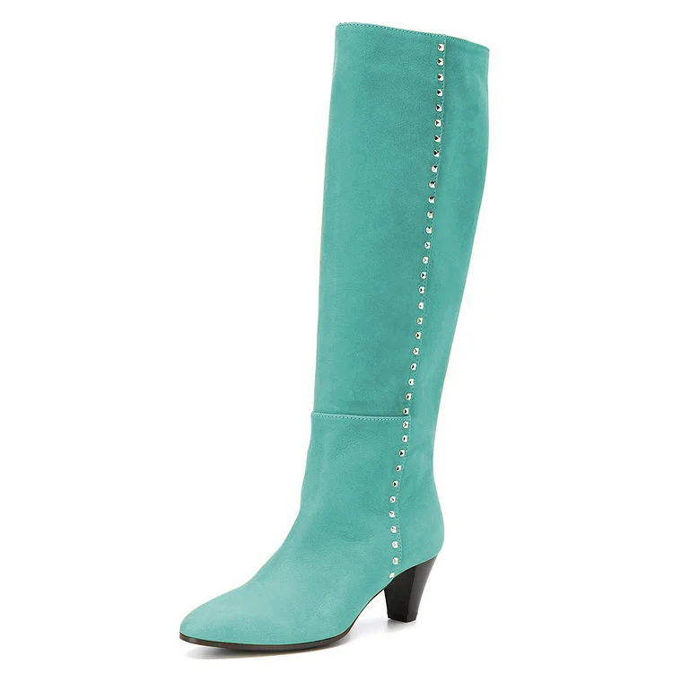 FSJ Turquoise Rock Studs Embellished Heeled Tall Boots for Women |FSJ Shoes
