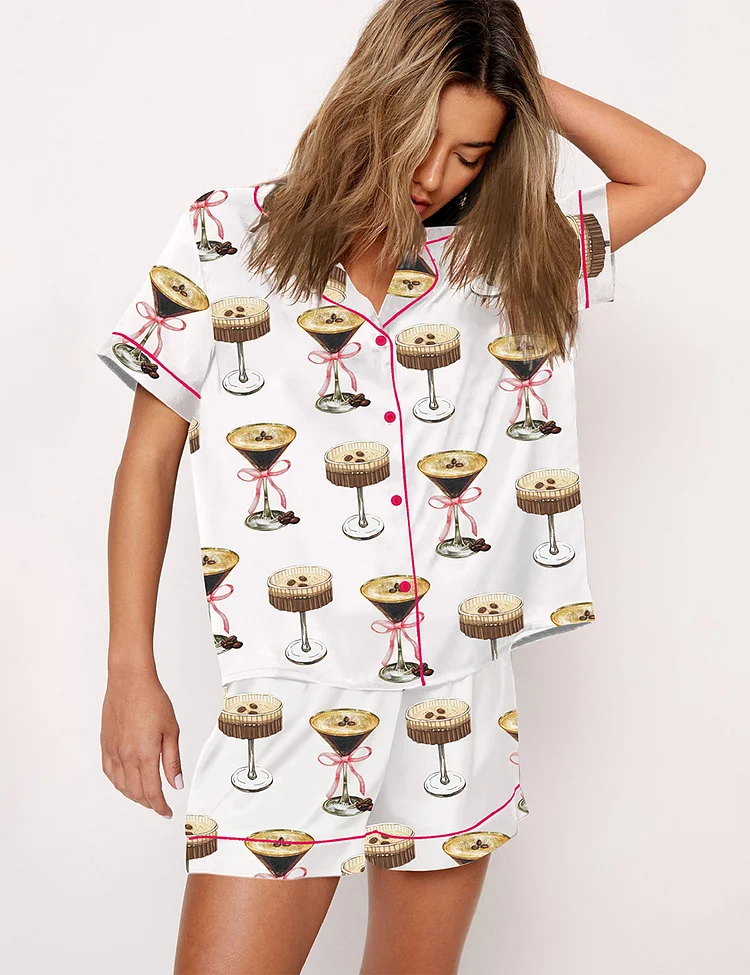 Women's Espresso Martini Pink Bow Pajama Set
