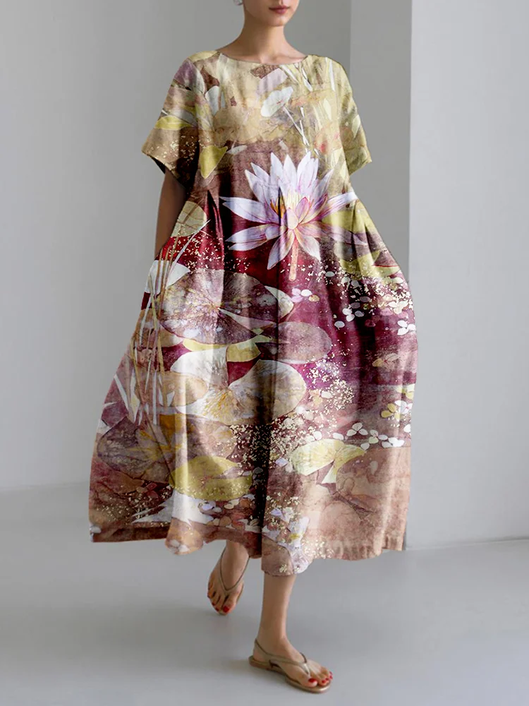 Comstylish Vintage Lotus Flower Art Linen Blend Midi Dress