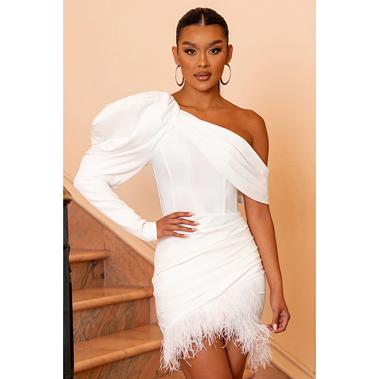 One Shoulder Sexy Splicing  Feathers Dress