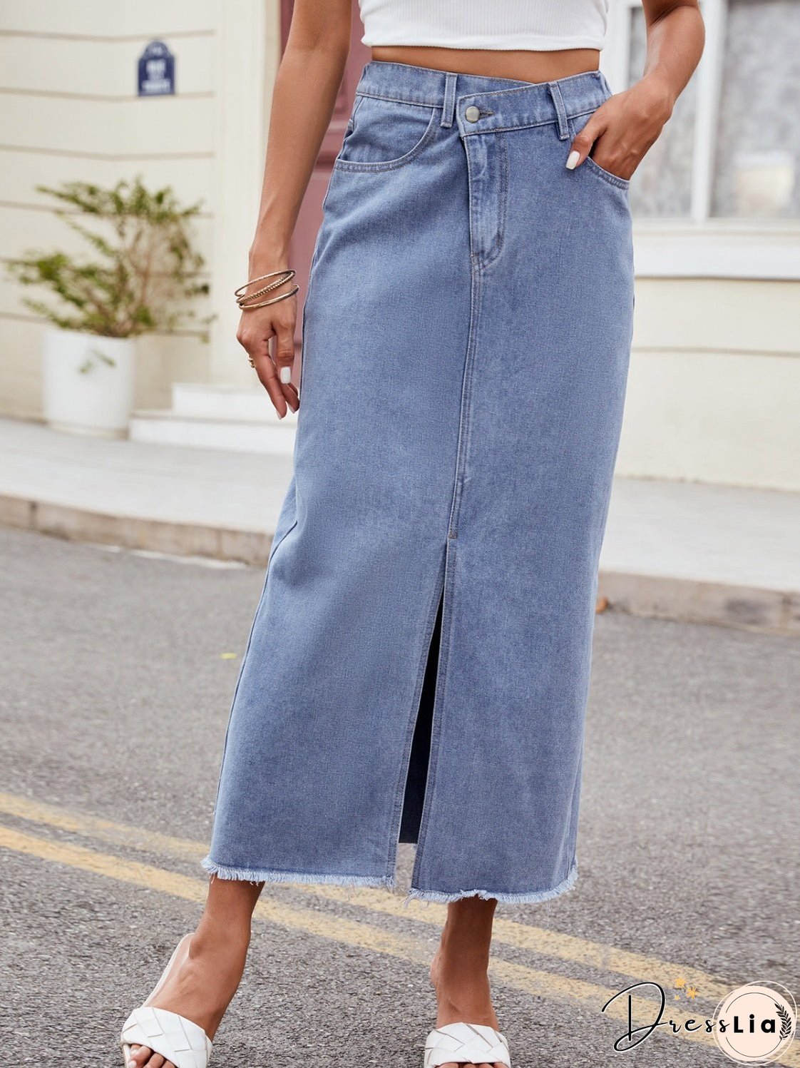 Slit Asymmetrical Waist Denim Skirt