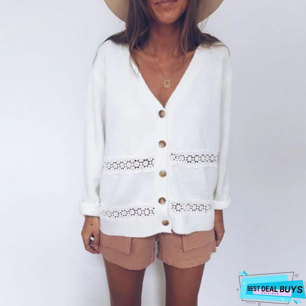 Women Buttoned Paneled V-Neck Casual Sweaters