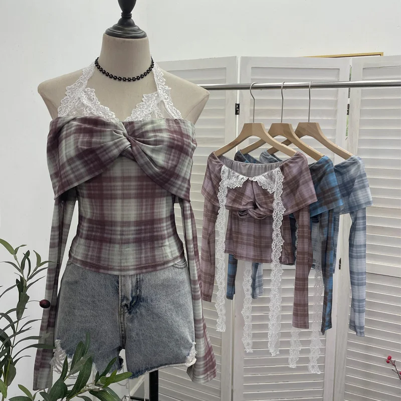 Nigikala Nigikala Hanging Neck Shoulder Mesh Yarn Long-Sleeved Top Design Y2k Short Repair T-Shirt 8070