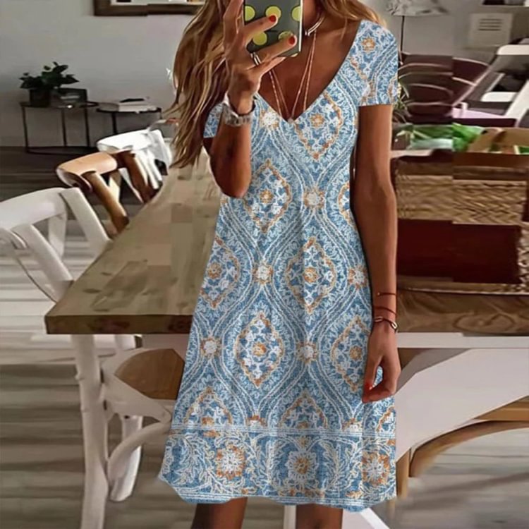 Stylish Short Sleeve Blue Mini Dress