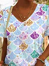 V-neck Colorful Mermaid Sequins Print T-Shirt