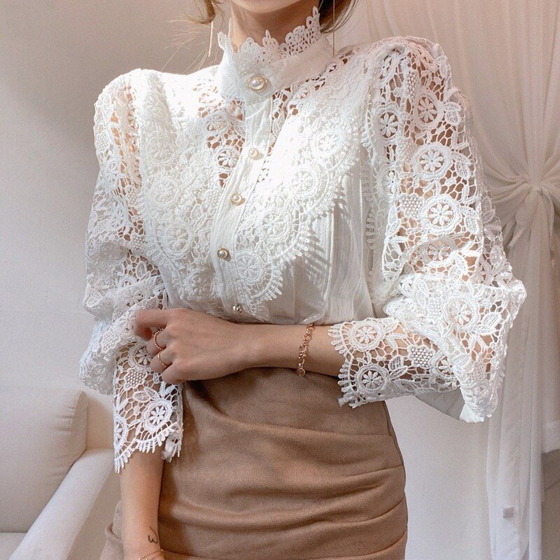 Loose Casual Blouses Hollow Crochet Floral Blouse Vintage Cotton White Lace Shirt Tops New Long Sleeve Woman Shirts Blusas 12928