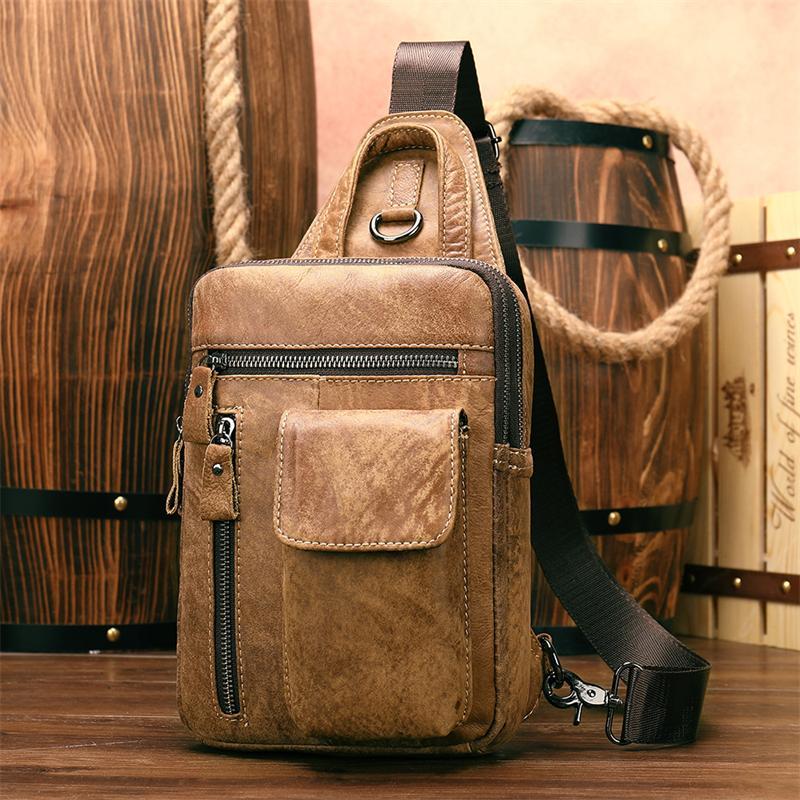 Men's Leather Retro Zipper Casual Crossbody Bag Chest Bag