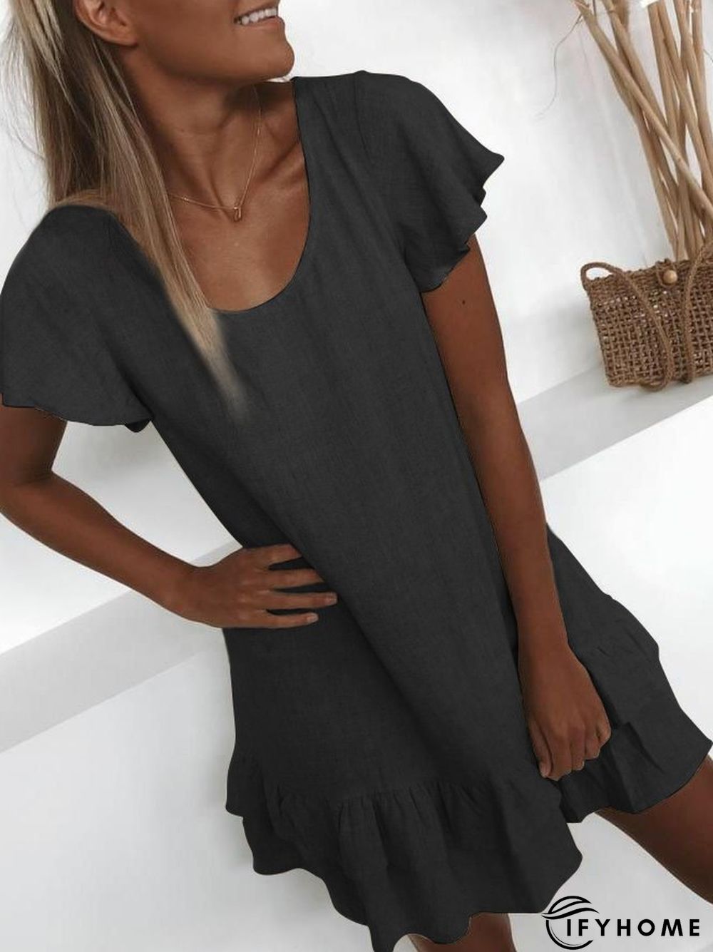 zolucky Plus Size Casual U-Neck Solid Short Sleeve Mini Weaving Dress | IFYHOME