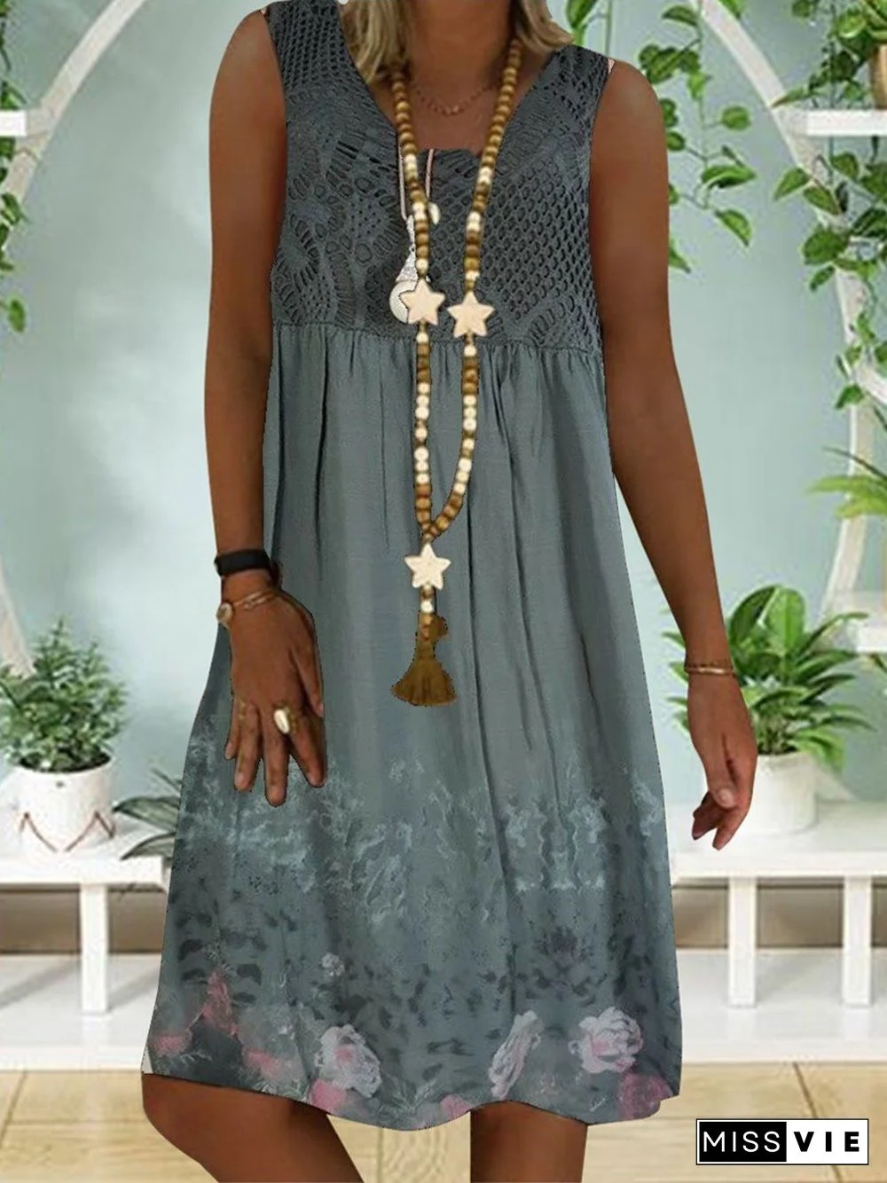 Women Sleeveless Lace Floral Printed Dress