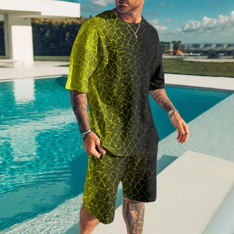 Fashion Men's Geometric Gradient Short Sleeve T-Shirt And Short Co-Ord