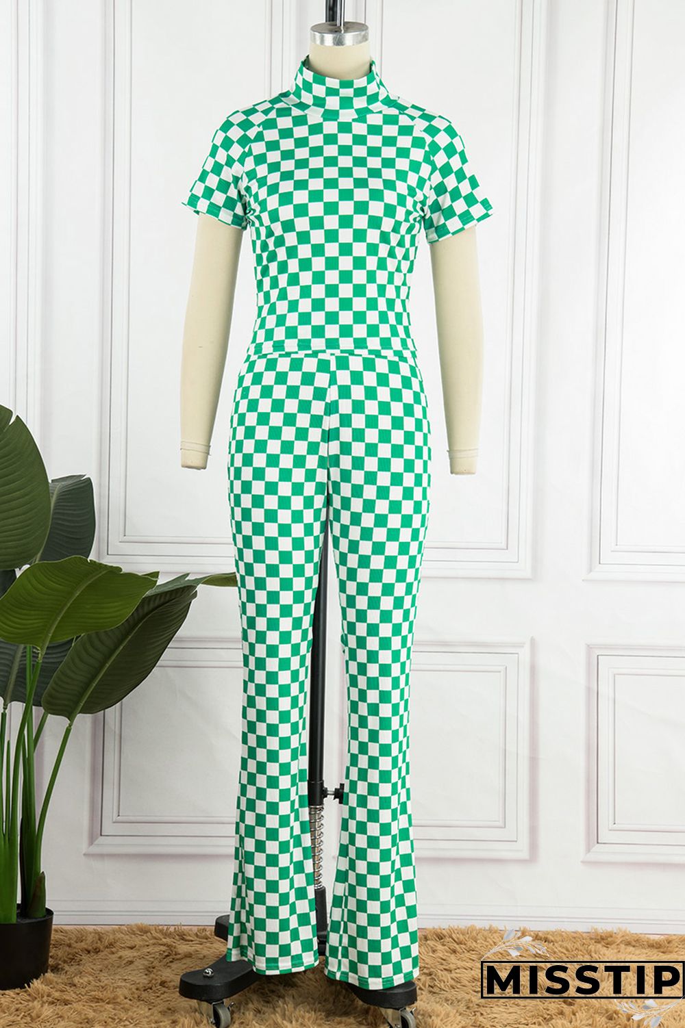Green Casual Plaid Print Basic Half A Turtleneck Short Sleeve Two Pieces