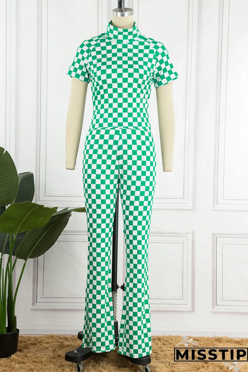 Green Casual Plaid Print Basic Half A Turtleneck Short Sleeve Two Pieces