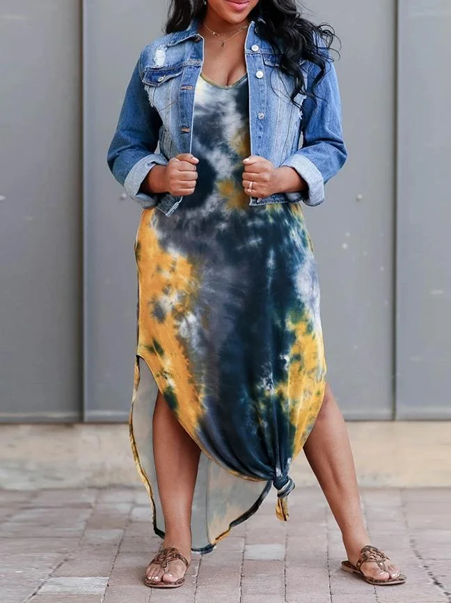 Women Half Sleeve V-neck Solid Color Dress