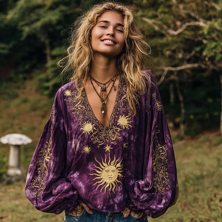 Boh&egrave;me Moon And Stars Golden Print V-neck Long Sleeve Top