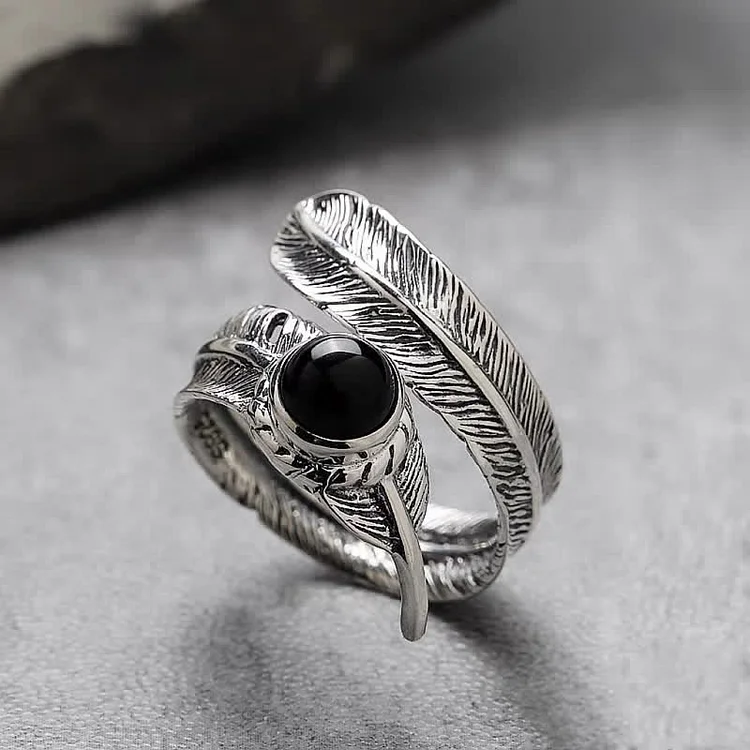 Olivenorma Hip-Hop Black Onyx Adjustable Feather Ring