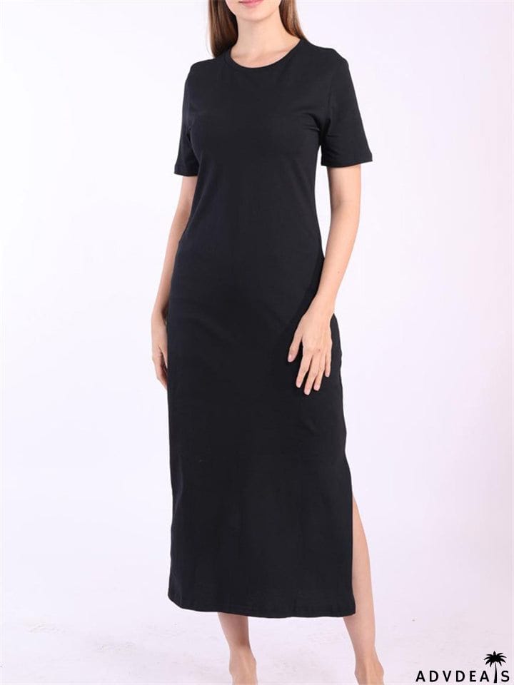 Women Cotton Black Short Sleeve Long Dress