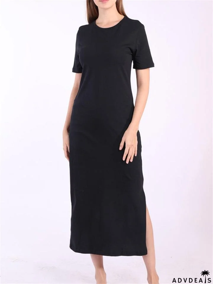 Women Cotton Black Short Sleeve Long Dress