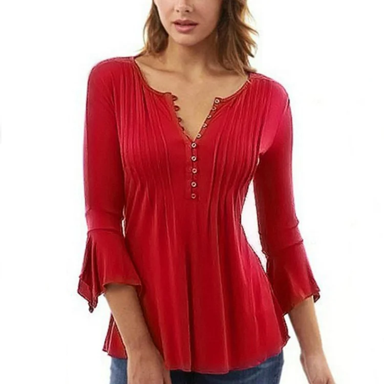 Women's Seven-point Flared Sleeve V-neck Large Size Pressure Pleated Solid Color T-shirt