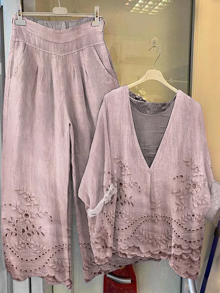 Women's Vintage Floral Texture Patterns Print V-Neck Top Wide-Leg Pants Cotton Linen Suit